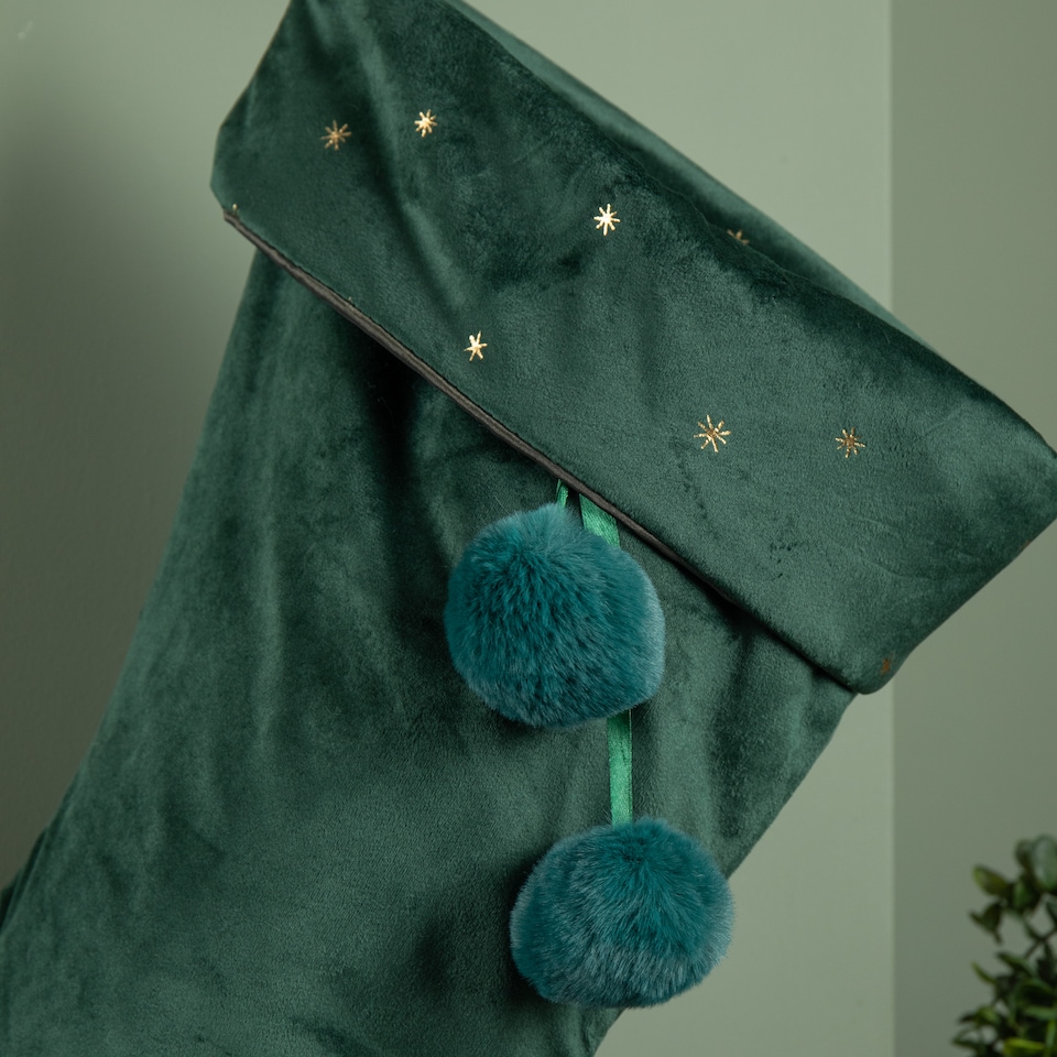 image 1 of 70cm Hanging Dark Green Velour Star Print Christmas Stocking with Pom Poms