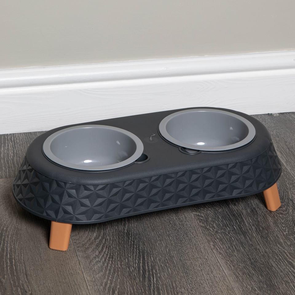 image 1 of 16cm x 9cm Grey Plastic Raised Double Pet Bowl Feeding Station with Stand