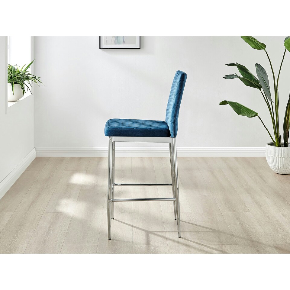 image 1 of Furniturebox 2x Milan Bar Stools Navy Blue Velvet Silver Legs