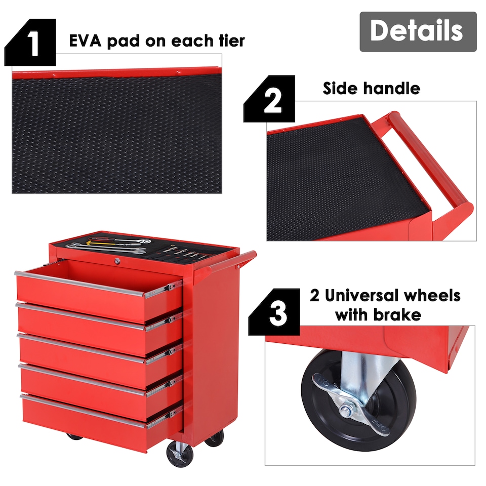 image 1 of DURHAND 5-Drawer Lockable Tool Storage Cabinet with Wheels, Handle, 2 Keys, Steel Home Work DIY Workshop Chest, Garage Equipment Trolley, Red