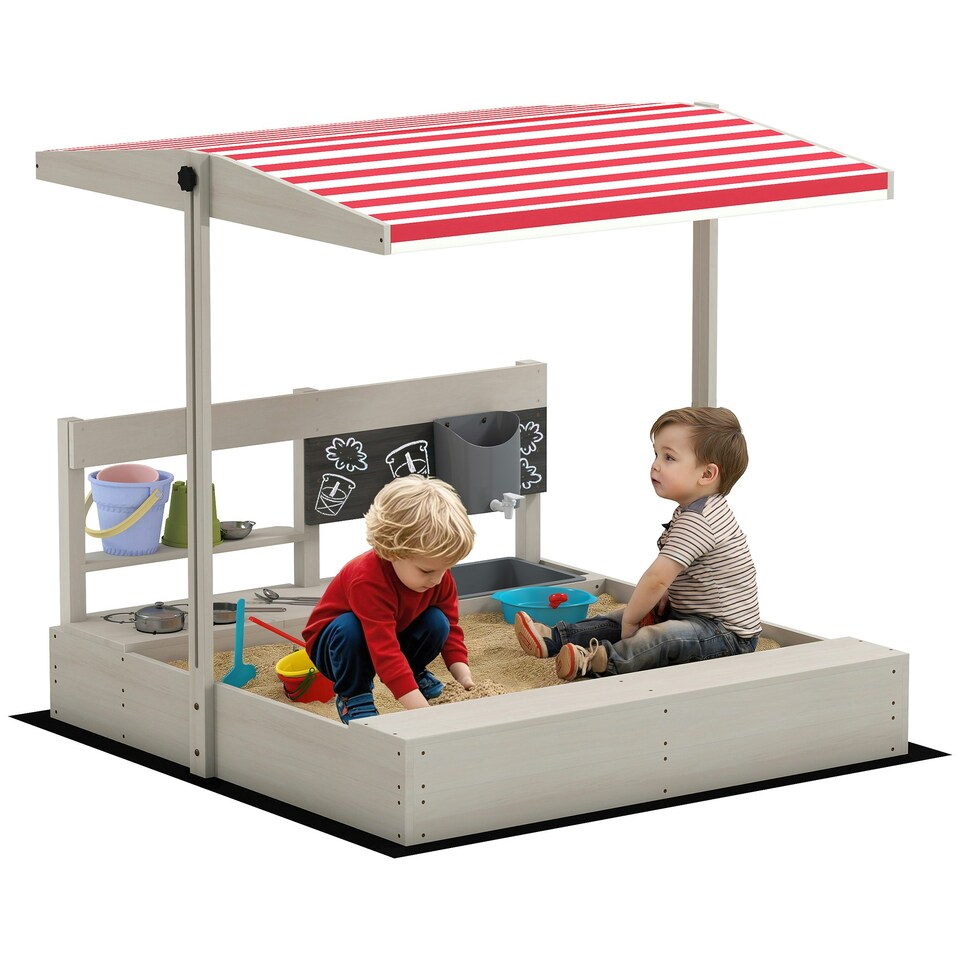 image 1 of Outsunny Kids Wooden Sandbox w/ Canopy, Kitchen Toys, Seat, Storage, for Outdoor