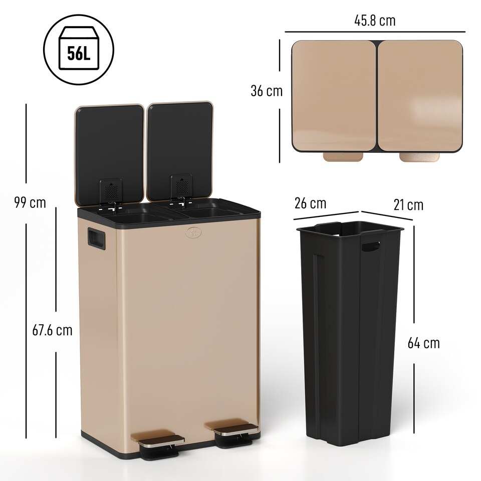 image 1 of HOMCOM Dual Kitchen Bin, 2 x 28L Stainless Steel Double Rubbish Bin with Soft Close Lid, Removable Inner Buckets, Fingerprint-Proof for Recycling and Waste, Gold Tone | Gold | 28L