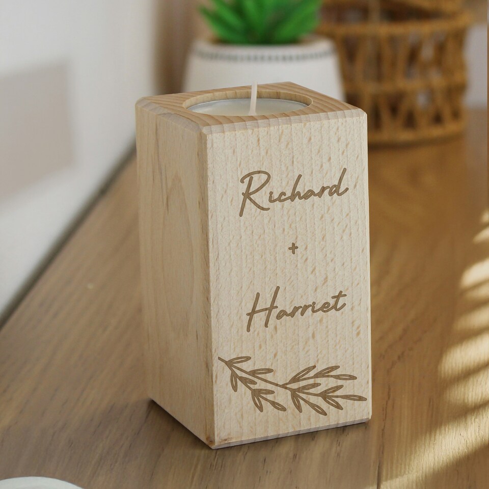 image 1 of Personalised Botanical Wooden Tealight Holder Brown