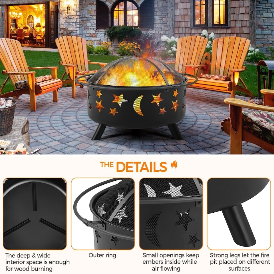 image 1 of Yaheetech Fire Pit Set Iron Bowl Including Poker Mesh Cover Black