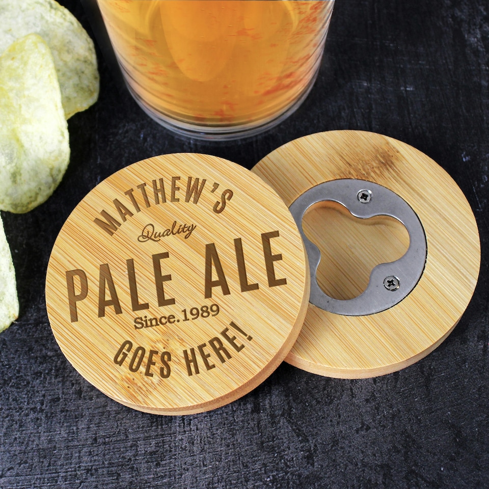 image 1 of Personalised Free Text Bamboo Bottle Opener Coaster