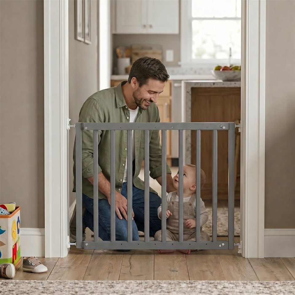 image 1 of Safetots Chunky Wooden Screw Fit Stair Gate, Grey, 63.5cm - 105.5cm, Wood Baby Gate, Screw Fit Safety Barrier
