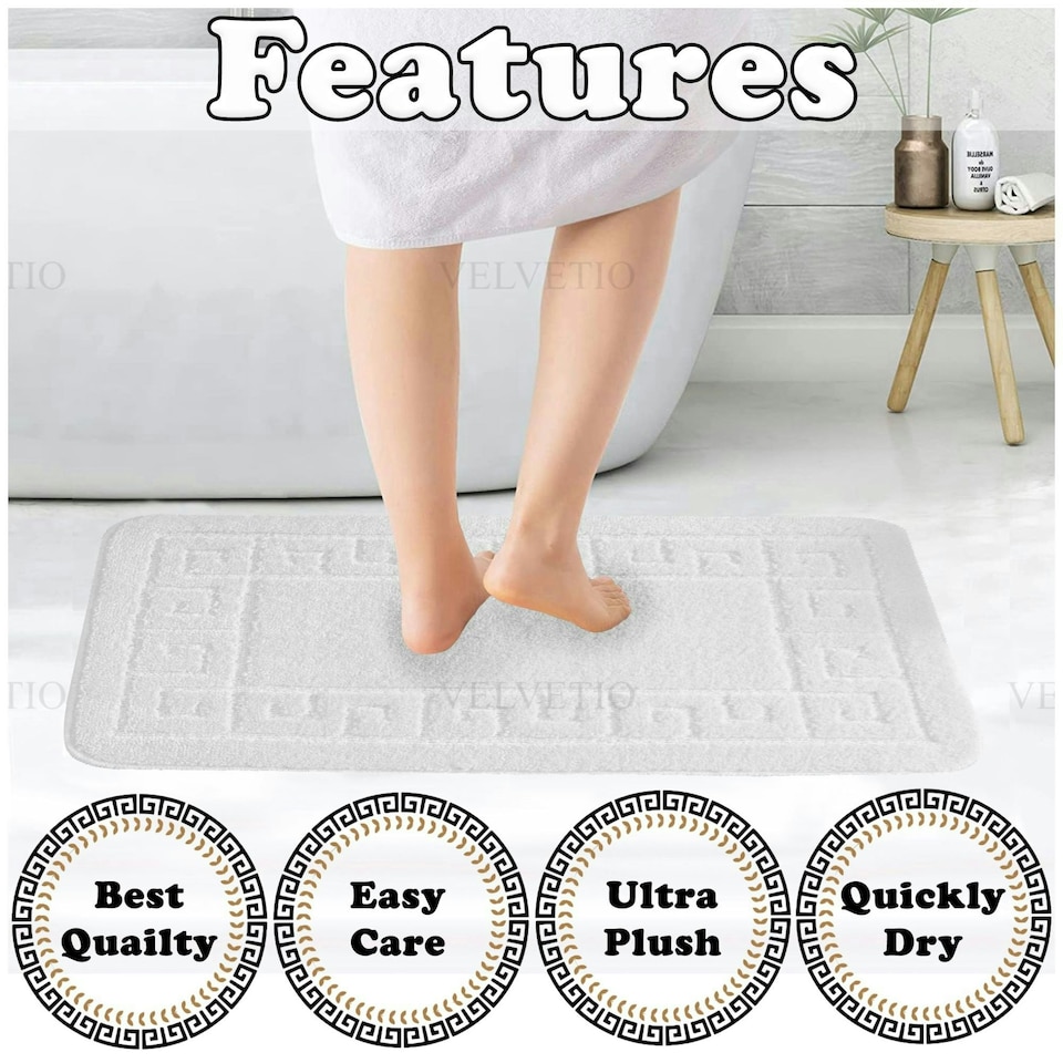 image 1 of VELVETIO Greek Bath Mat & Pedestal Mat Water Absorbent Non Slip Toilet Rugs White