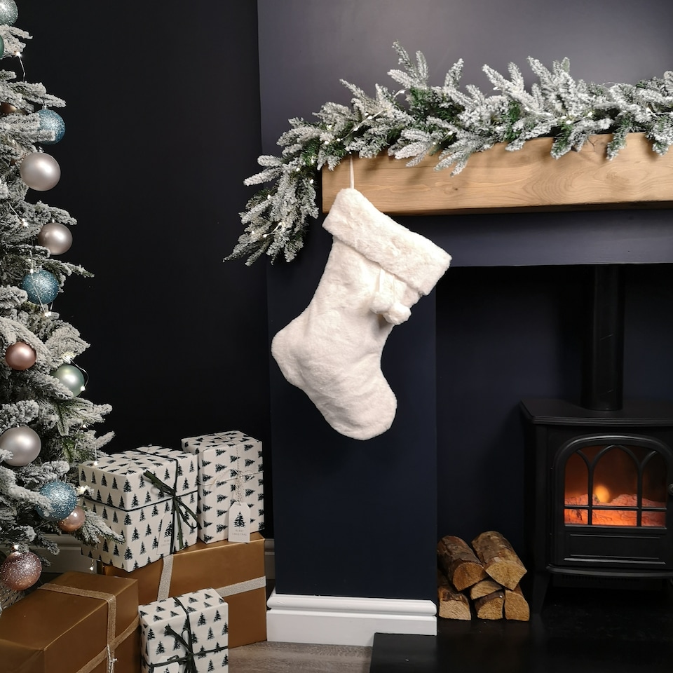 image 1 of 50cm Winter White Faux Fur Hanging Christmas Stocking with Pom Poms