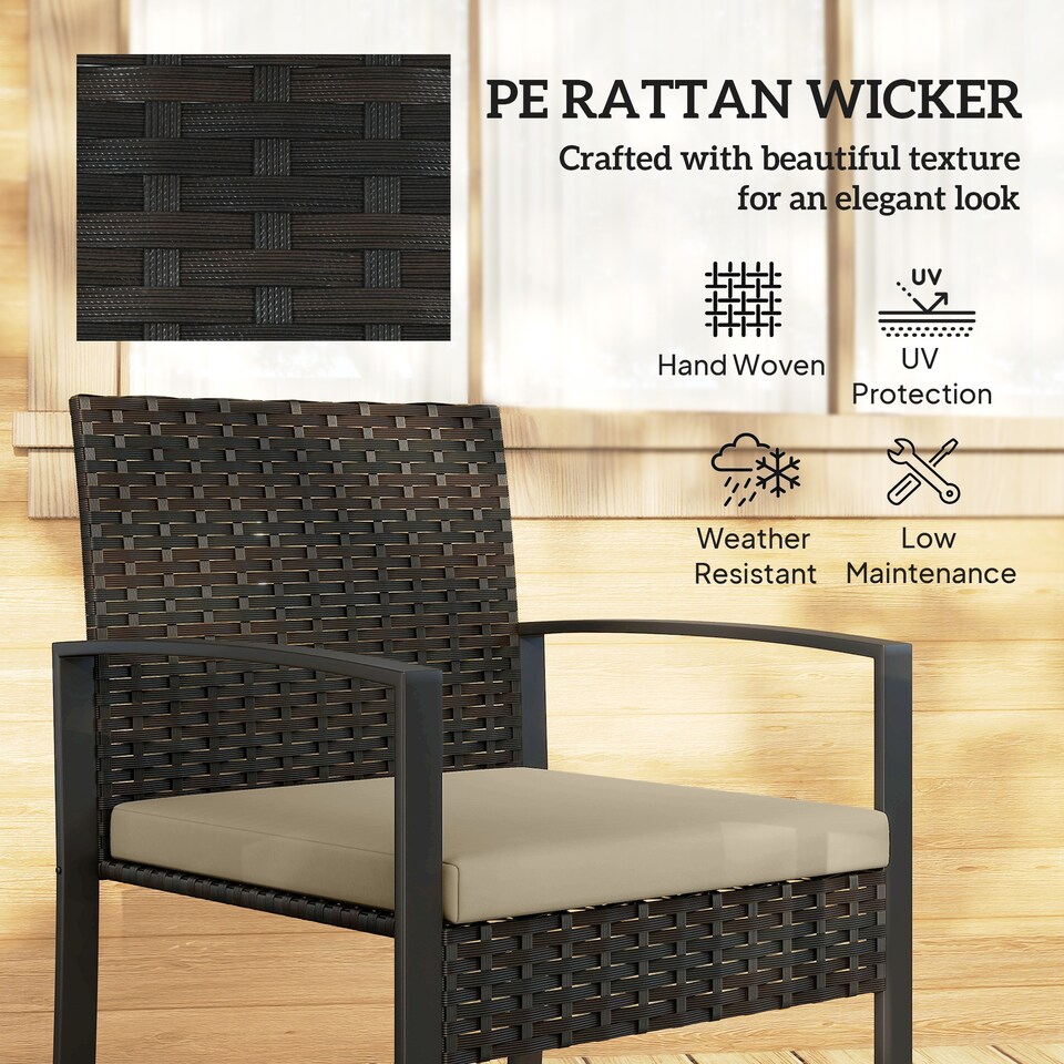 image 1 of Outsunny Rattan Bistro Set, 3 PCS Garden Furniture with Cushion, Khaki | Brown | Khaki seat, brown rattan, black frame | Chair: 55W x 58D x 76H cm; Table: 40L x 40W x 40H cm