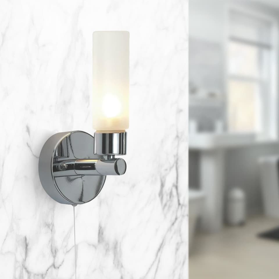 image 1 of Polished Chrome IP44 Bathroom Tube Wall Light With Pull Cord Switch | Chrome | White | 1