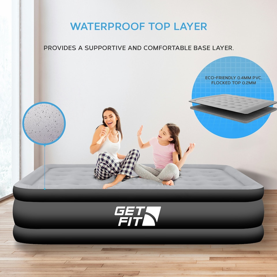 image 1 of Get Fit Air Bed with Built In Electric Pump - Premium Double Size - Blow Up Bed with 2 x Free Pillows - Elevated Inflatable Air Mattress for Outdoor, Black/Grey
