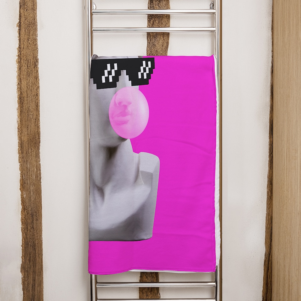 image 1 of Plaster statue,  David's head in pixel glasses Designer Bath Towel | Multi