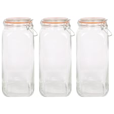 Argon Tableware Square Glass Jars with Clip-Top Lids - 2L - Pack of 3