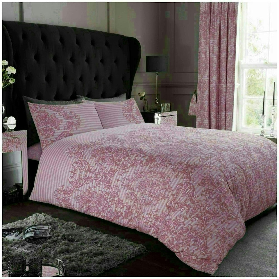 image 1 of VELVETIO Empire Damask Printed Duvet Cover Set Reversible Polycotton Beddings Pink | Single