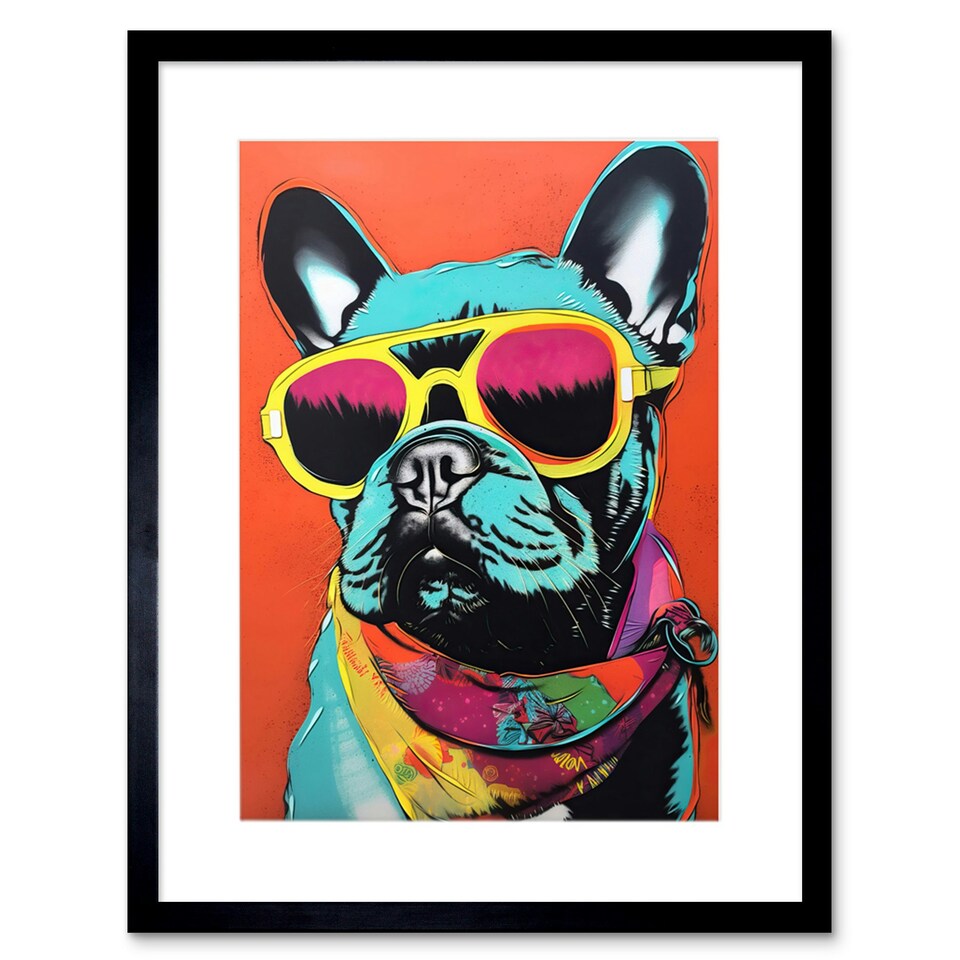image 1 of French Bulldog Sunglasses Bandana Dog Lover Pop Art 9x7" Black Framed Wall Art Print
