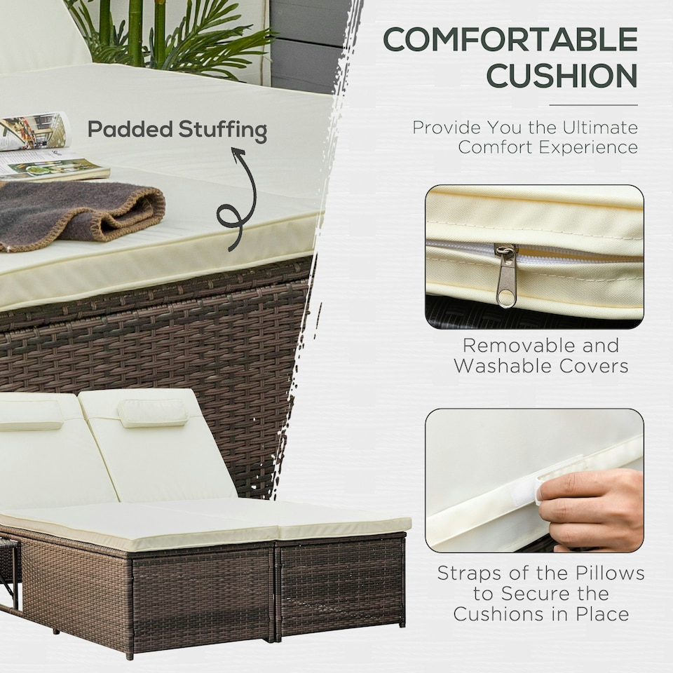 image 1 of Outsunny 2 Seater Double Rattan Sun Lounger Recliner Day Bed Wicker Weaver Sofa