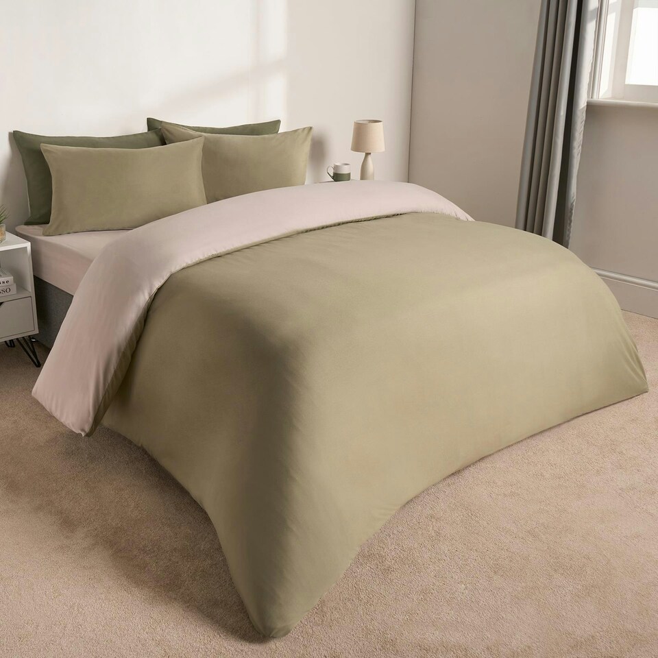image 1 of OHS Reversible Microfibre Duvet Cover and Pillowcase Bedding Set, Double - Natural/Sage