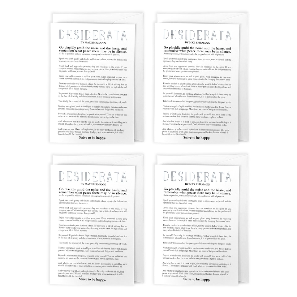 image 1 of Desiderata Poem Typography Art Cards Pack of 4 Max Ehrmann Greeting Cards
