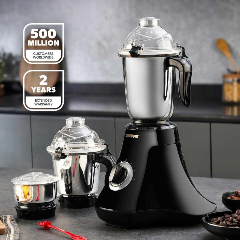 image 1 of GEEPAS 750W 3-in-1 Mixer Grinder | Stainless Steel Jars & Blades, Black Black