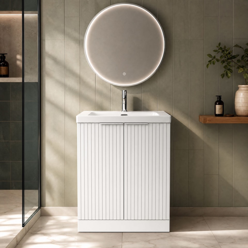 image 1 of Balterley Callingwood Contemporary Floor Standing 2 Door Vanity Unit with 1 Tap Hole Fireclay Basin , 600mm, Matt White