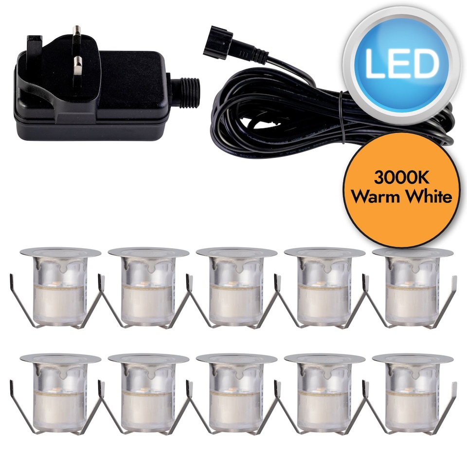 image 1 of Set of 10 - 30mm Stainless Steel IP67 Warm White LED Decking Kit | Chrome | Clear | 10