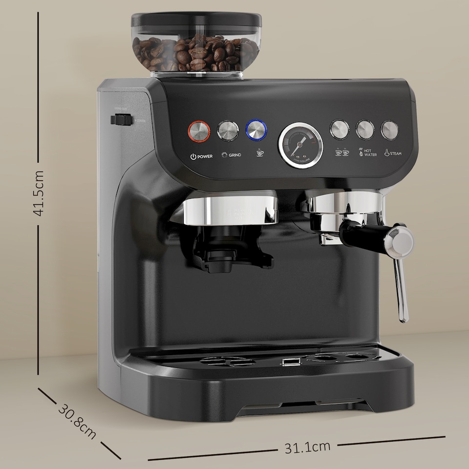 image 1 of HOMCOM Espresso Machine with Integrated Bean Grinder & Steam Wand, Bean to Cup Coffee Machine with 15 Bar Italian Pump, 2L Water Tank, Cappuccino Maker, Stainless Steel Black