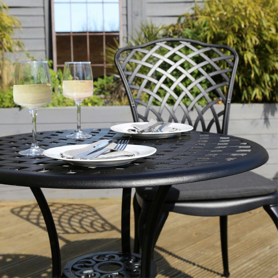image 1 of Charles Bentley Cast Aluminium Bistro Table and 2 Chairs Set Black Outdoor Table