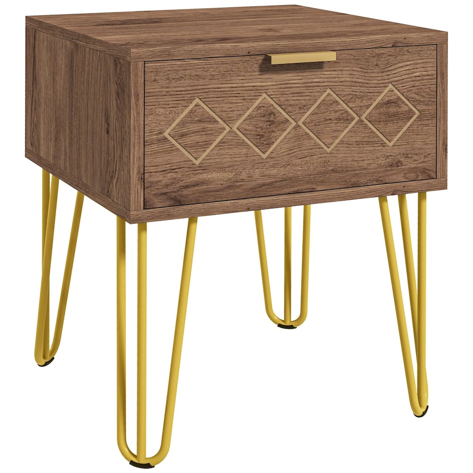 image 1 of HOMCOM Bedside Table with Drawer, Wooden Nightstand, Modern Sofa Side Table with Gold Tone Metal Legs and Handles for Living Room, Bedroom, Easy Assembly, 40x41x 49cm, Brown