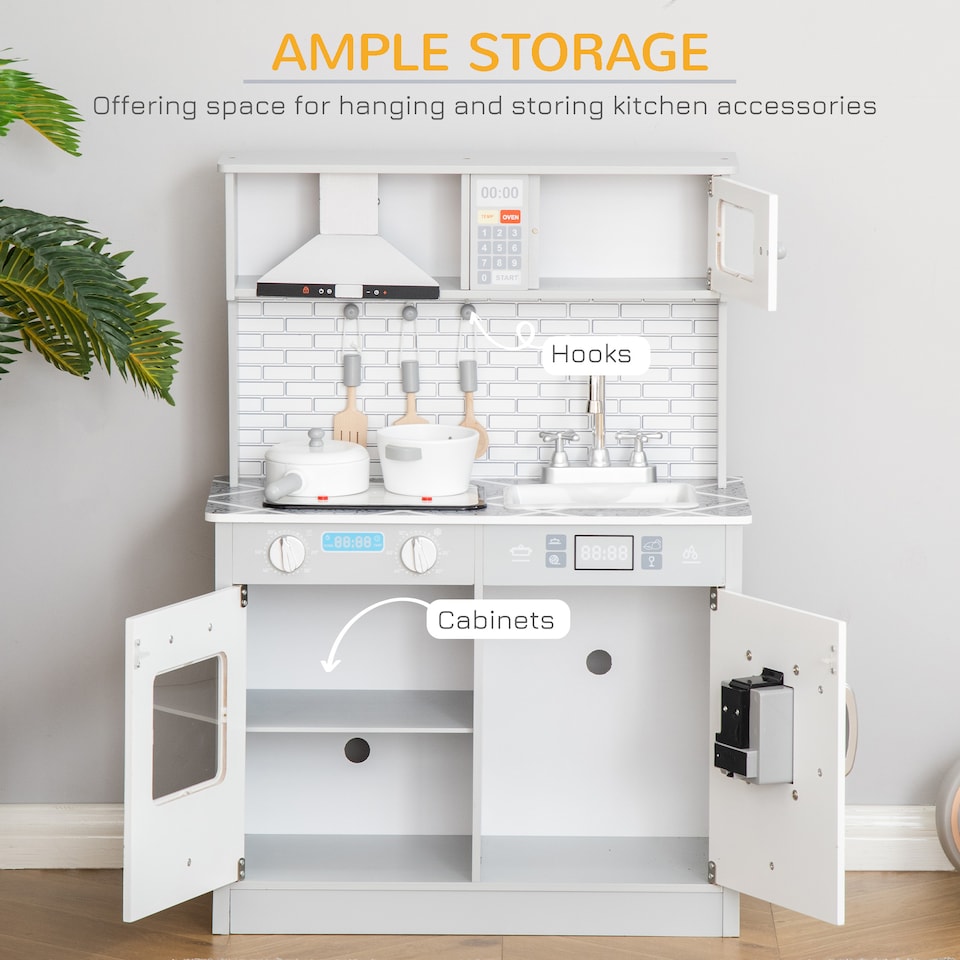 image 1 of HOMCOM Kids Wooden Toy Kitchen Pretend Play Cooking Playset with Sound & Light Effect, Battery Operated Cooktop, Ice Machine, Marble Pattern Countertop, for 3-6 Years Old