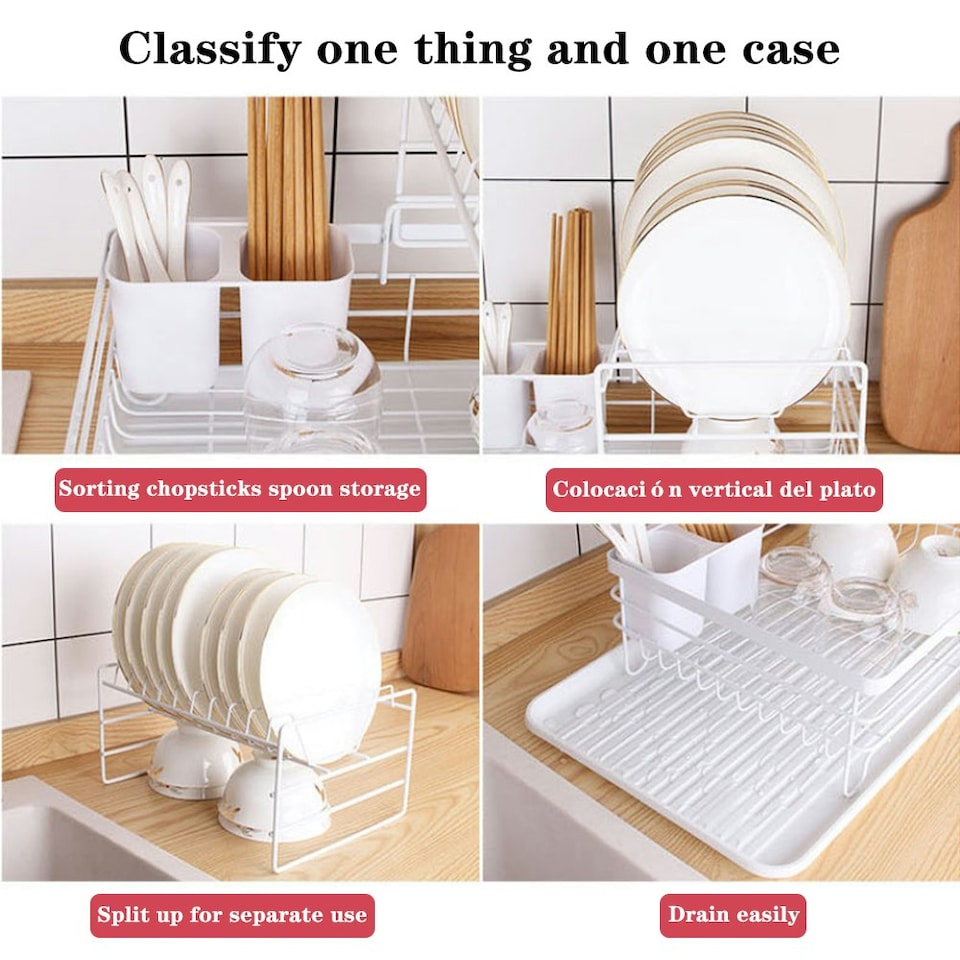 image 1 of Living and Home 2-Tier Metal Kitchen Dish Drainer Rack, White