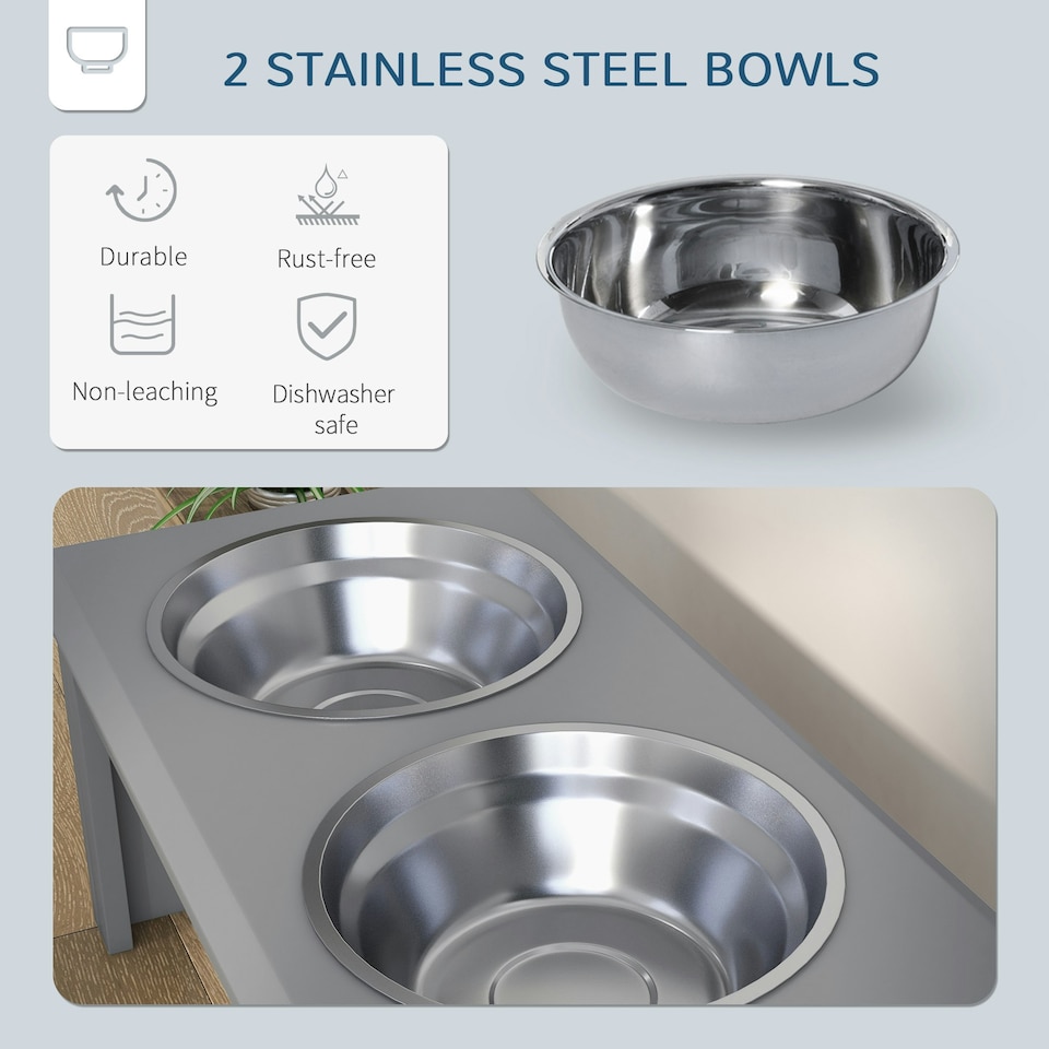 image 1 of PawHut Raised Dog Bowls Pet Feeder Raised Elevated Stainless Steel Food Grey