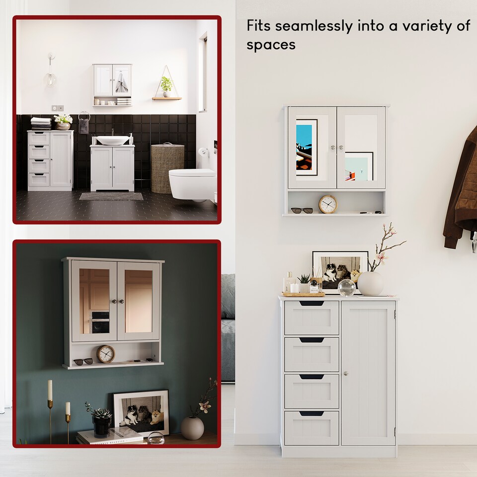 image 1 of Bath Vida Priano 2 Door Mirrored Wall Mounted Bathroom Cabinet With Shelf, White | White | 1