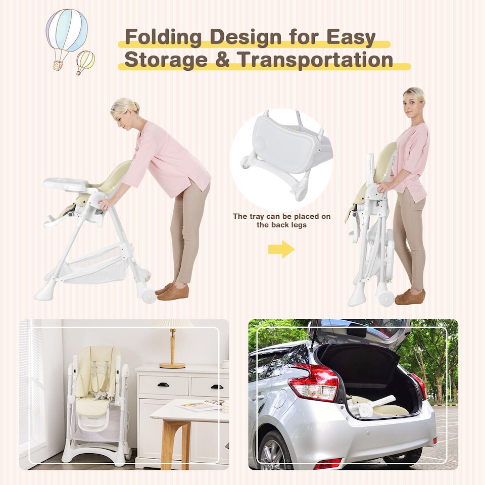 image 1 of COSTWAY Folding Baby High Chair Convertible Dining Chair Portable Highchair-Beige