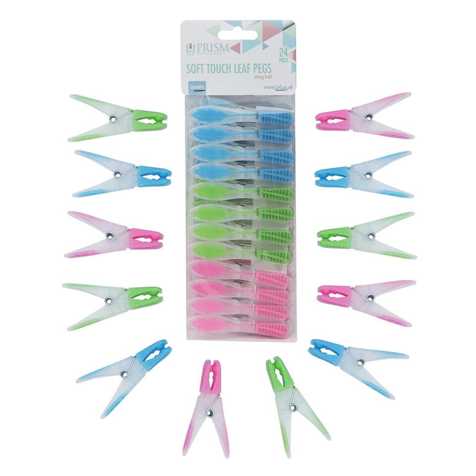 image 1 of JVL Plastic Peg Basket, Grey with 48 Prism Soft Touch Leaf Design Plastic Pegs, Multi