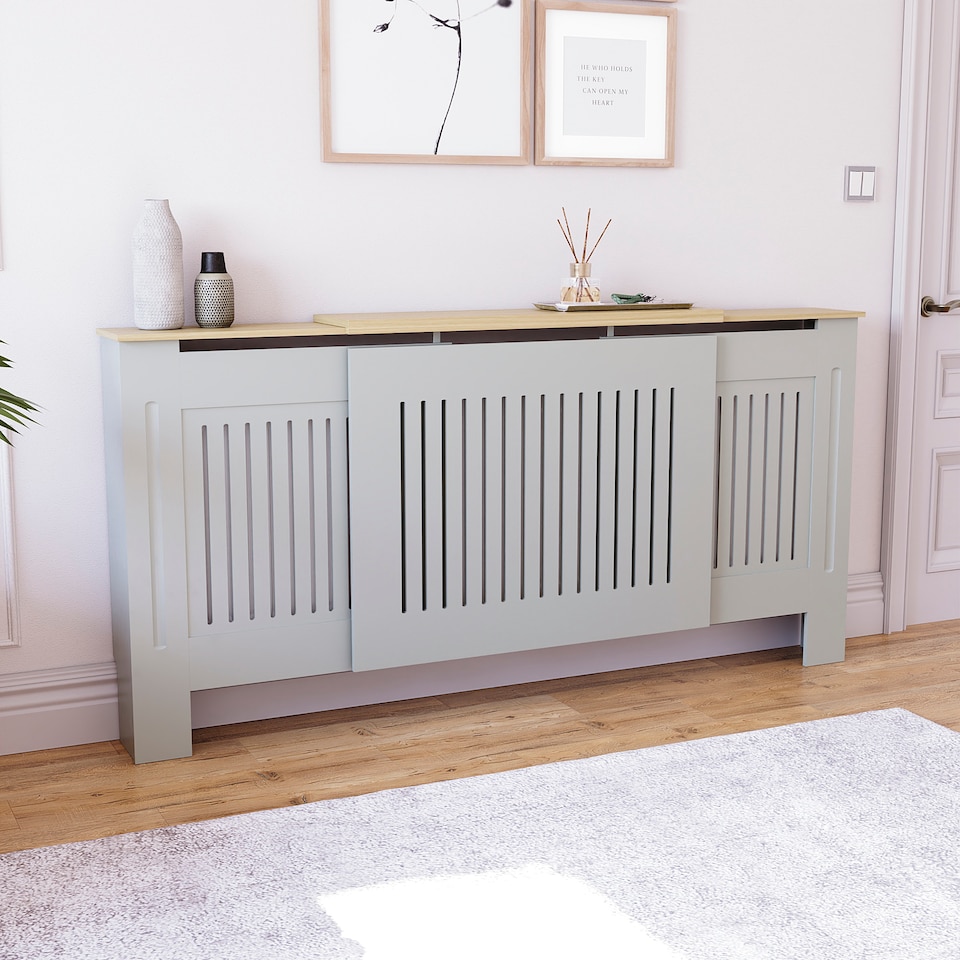 image 1 of Vida Designs Arlington Radiator Cover Painted MDF Slatted Cabinet, Grey, 140-204cm