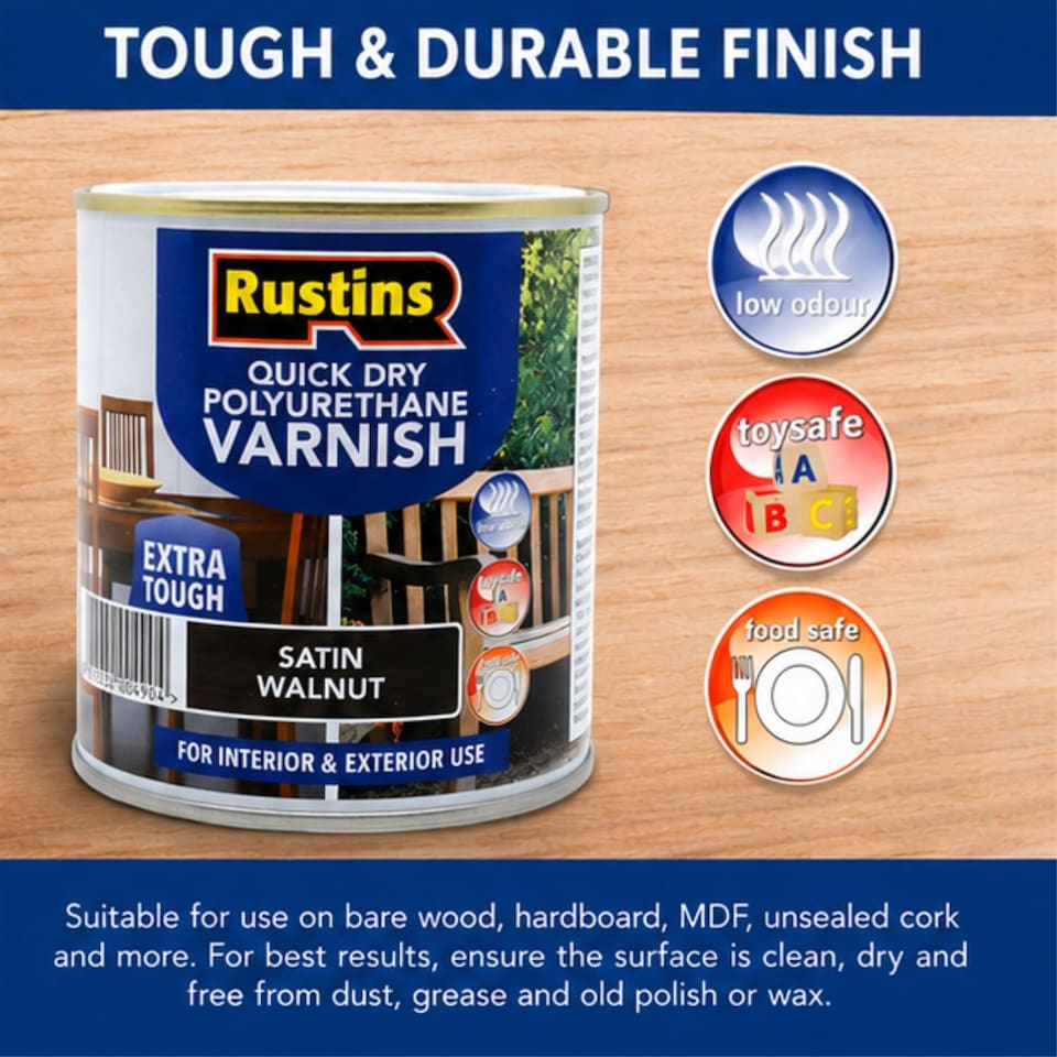 image 1 of Rustins Quick Drying Polyurethane Varnish Satin Walnut 250ml | Clear | Walnut | 250ml | 1