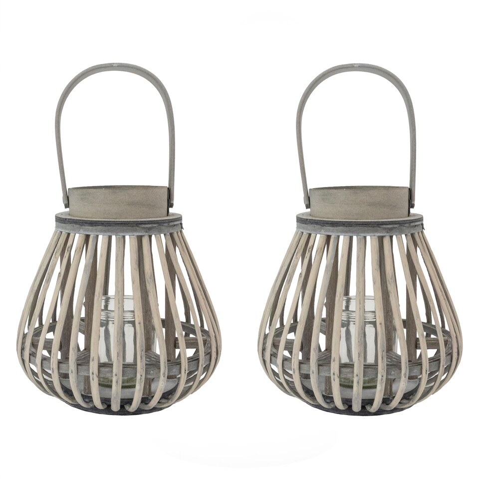 image 1 of JVL Luna Set of 2 Natural Bulb Shaped Willow Wood Lantern With Wooden Handle, Grey Wash