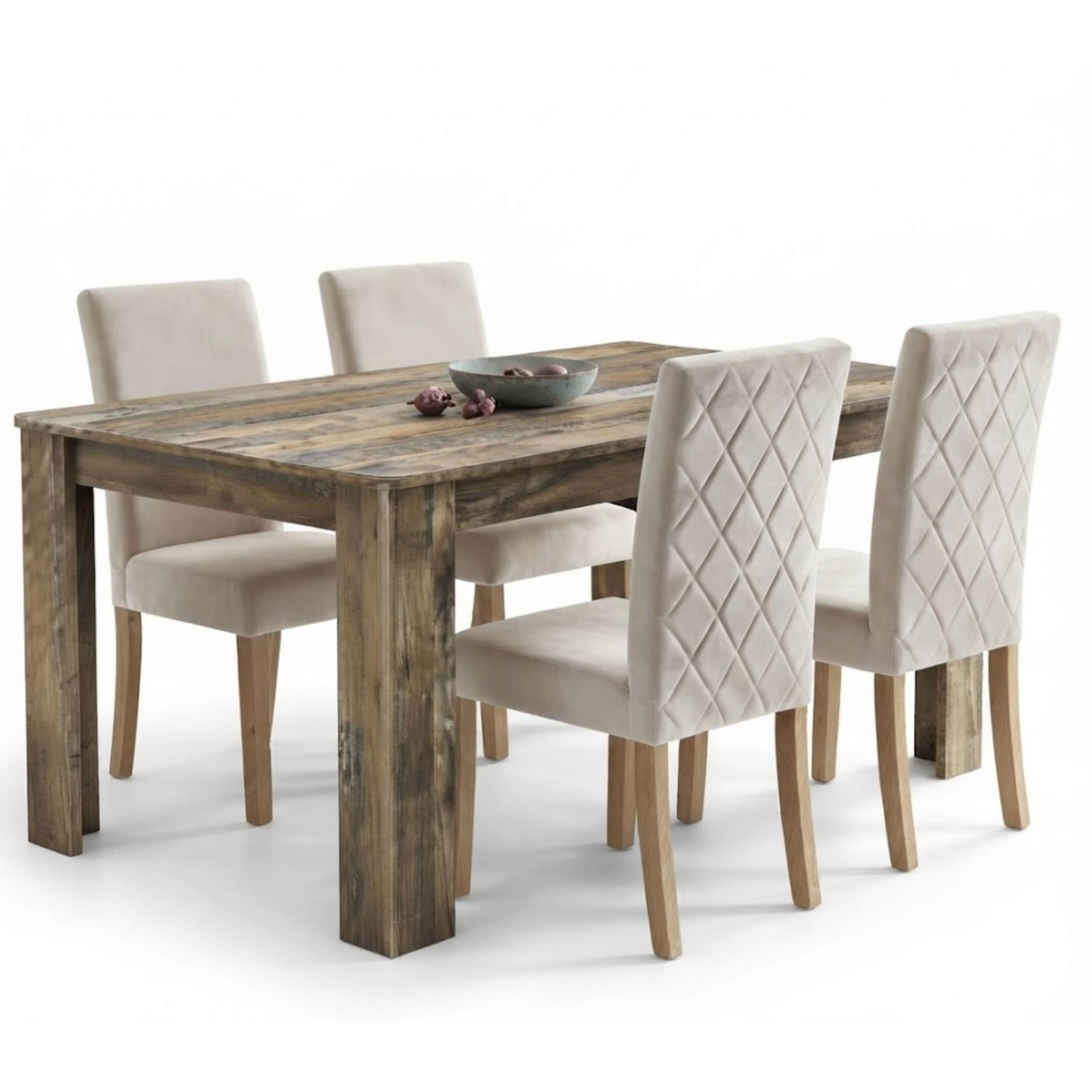 Cream Diamond Stitch Velvet Dining Chairs with Wooden Legs and Rustic Wood Effect Table Set