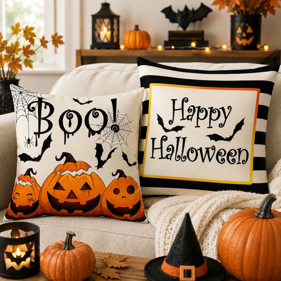 image 1 of Covers&All Halloween Decorative Square Throw Pillow Set of 2 with Inserts & Covers Accent Pillows for Sofa, Couch & Home Décor, Square 16 in x 16 in