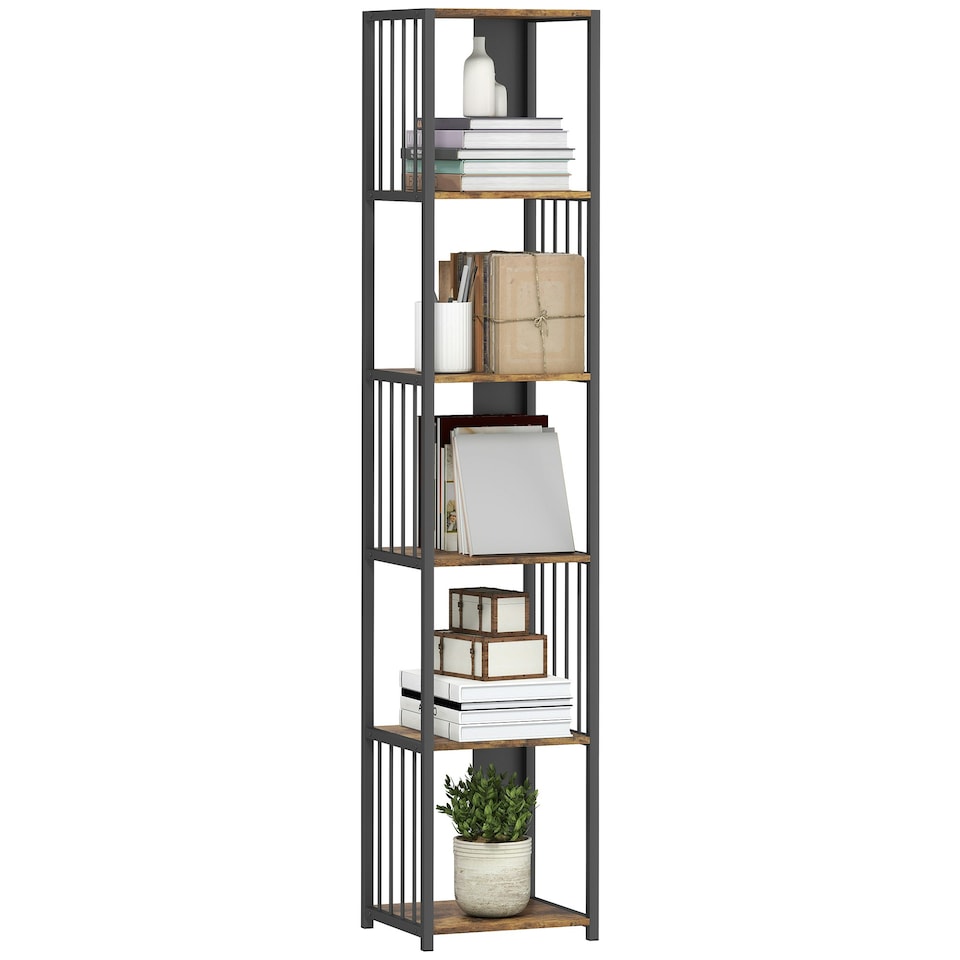 image 1 of HOMCOM 5-Tier Bookshelf, Freestanding Display Storage Unit, Rustic Brown