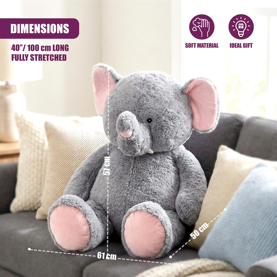 image 1 of The Magic Toy Shop Jumbo Elephant Soft Toy 100cm Giant Plush Stuffed Animal