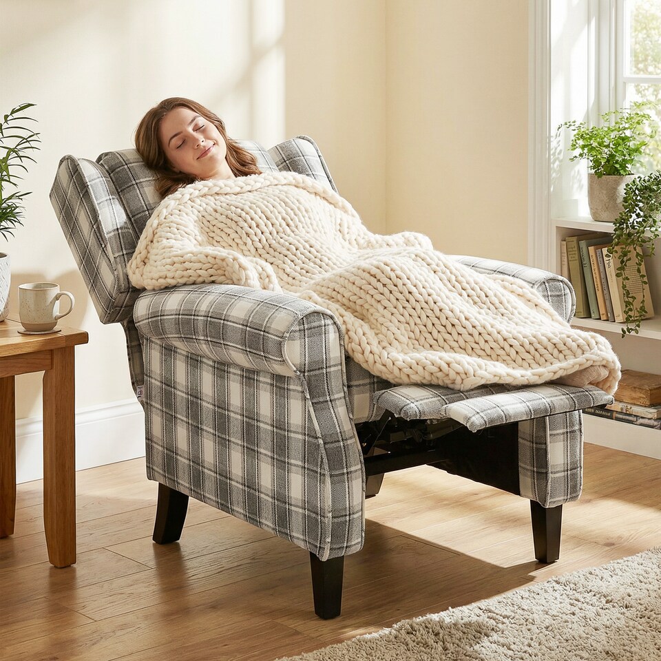 image 1 of HOMCOM Recliner Chair for Living Room Wingback Chair with Padded Armrest | Black | Grey and White Check | Not provided