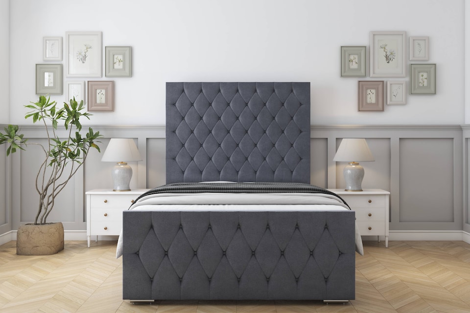 image 1 of Sloomy Watson Steel Plush Bed Frame With 50" Upholstered Headboard 4'6 Double