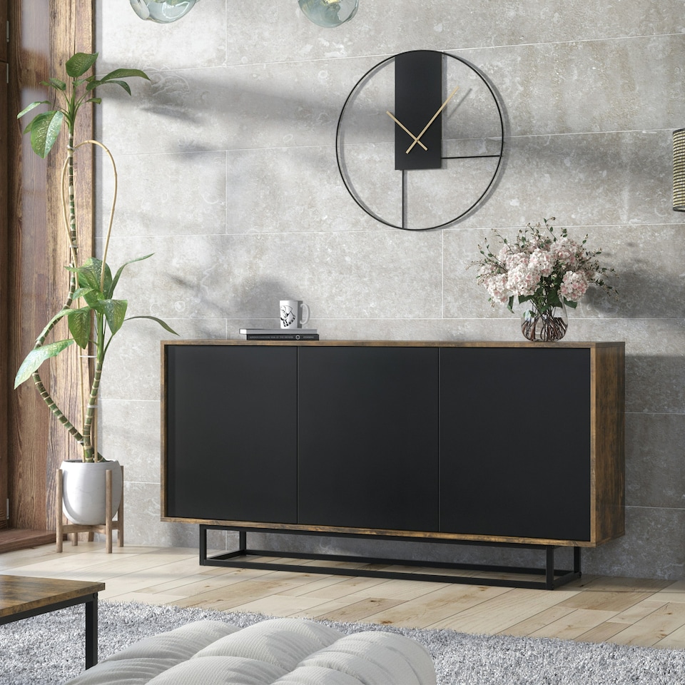 image 1 of Sideboard 160cm Industrial Oak & Black Matt – 3 Door Storage Cabinet with Metal Legs Bronze | Black