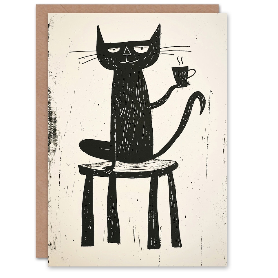 image 1 of Cat Lover Drinking Coffee Black Cartoon Birthday Card