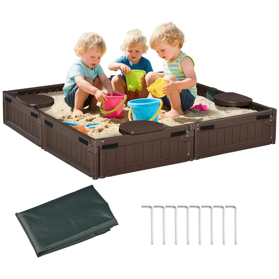 image 1 of Outsunny Kids Outdoor Sandbox w/ Canopy Backyard for 3-12 years old Brown
