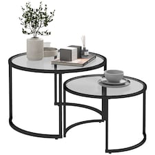 Set Of 2 Round Black Nesting Tables With Tempered Glass Top