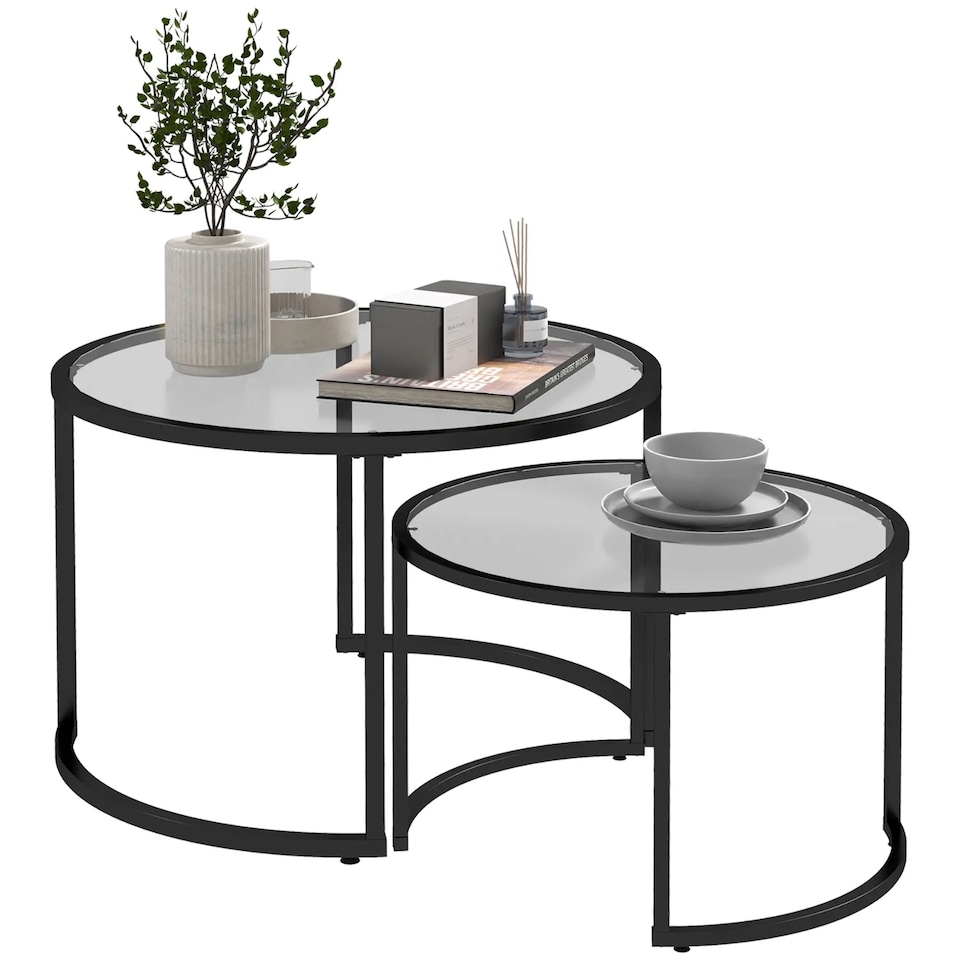 image 1 of Set Of 2 Round Black Nesting Tables With Tempered Glass Top