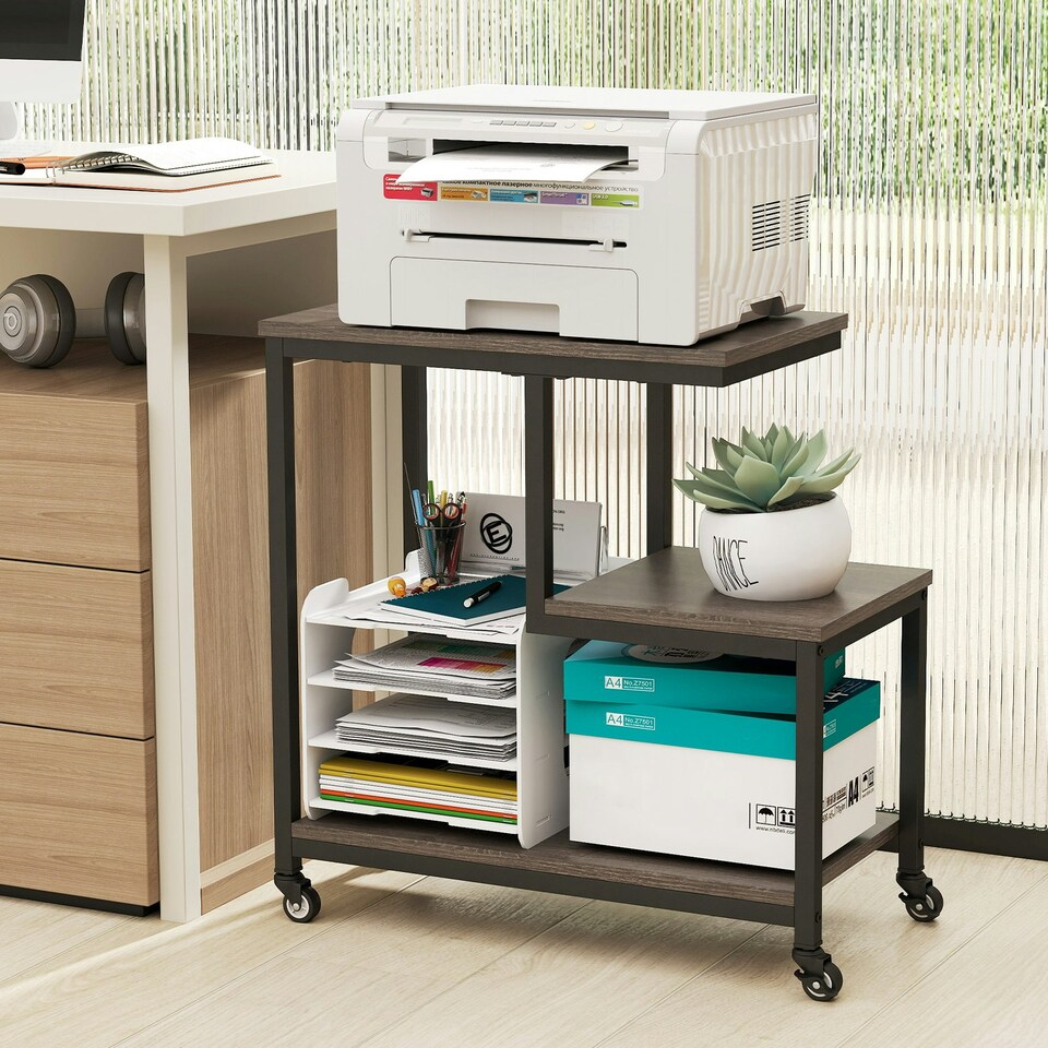 image 1 of COSTWAY G-shaped Side Table 3-Tier Mobile End Table Grey