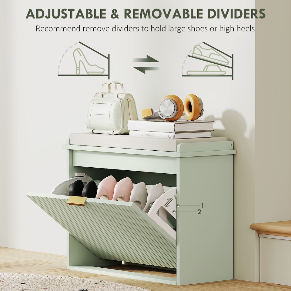 image 1 of HOMCOM Shoe Bench with Padded Seat Cushion and Flip-Drawer, Shoe Cabinet Holds up to 120kg for Hallway, Entryway and Porch, 62x26x47.5cm, Green | Green | Green